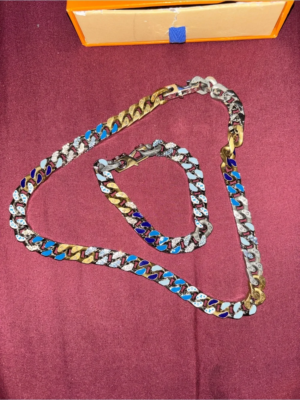 Louis Vuitton Multicolor Enamel and Metal Cuban Link Necklace and Bracelet Set